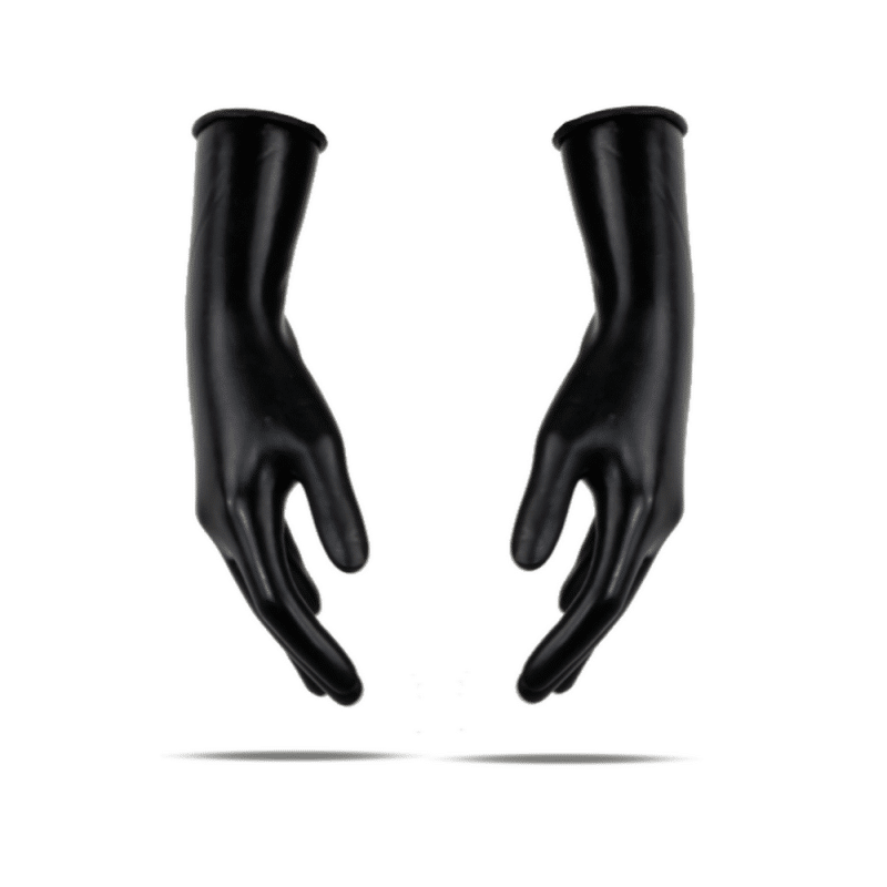 Kurze schwarze Latexhandschuhe von LatexDreamwear mit elegantem Rollrand.