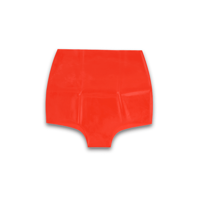 Gepuderte Latex Hotpants in Rot, bereit zur Behandlung mit Glanzöl.