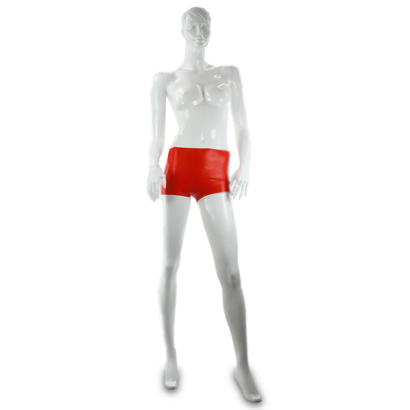 Detailansicht der roten Latex Hotpants mit makelloser Oberfläche.