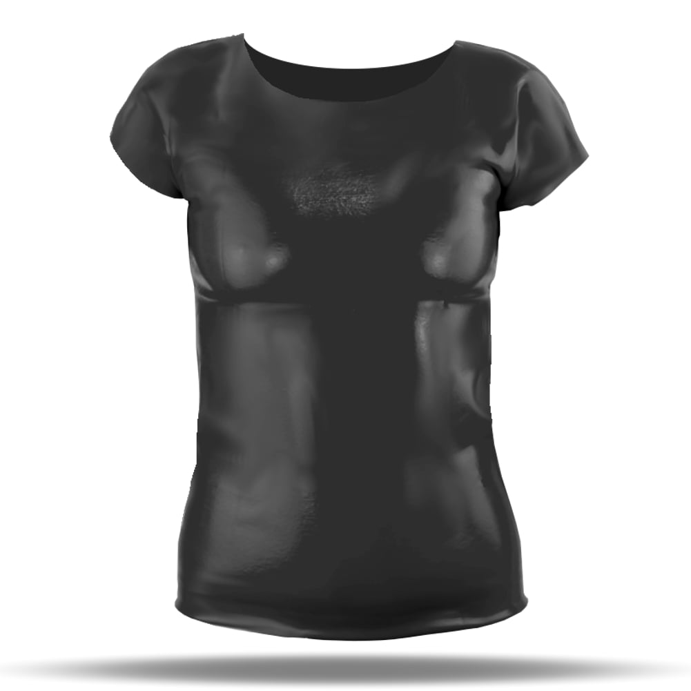  Latex T-Shirt von LatexDreamwear in Schwarz – Detailansicht des Glanzes und Schnitts.