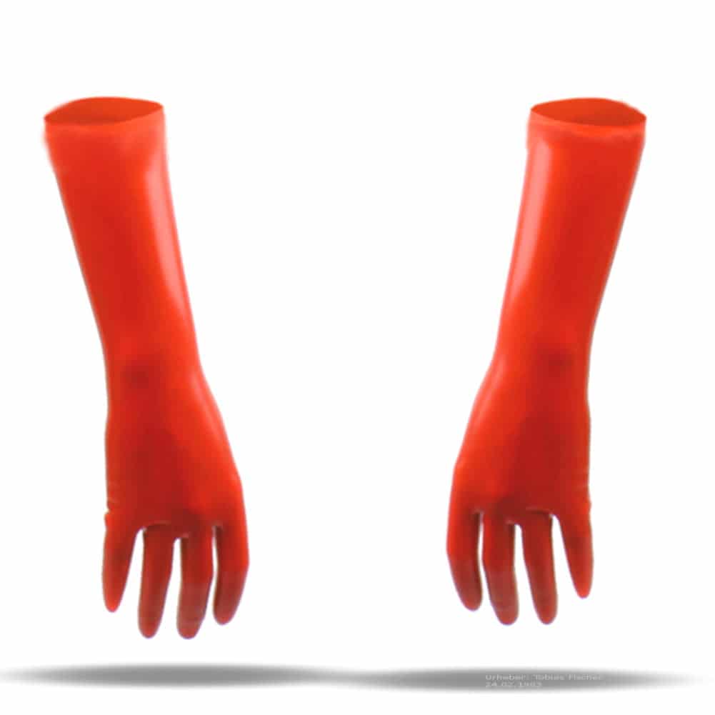 Kurze 3D-getauchte Latex Handschuhe von LatexDreamwear in Rot.