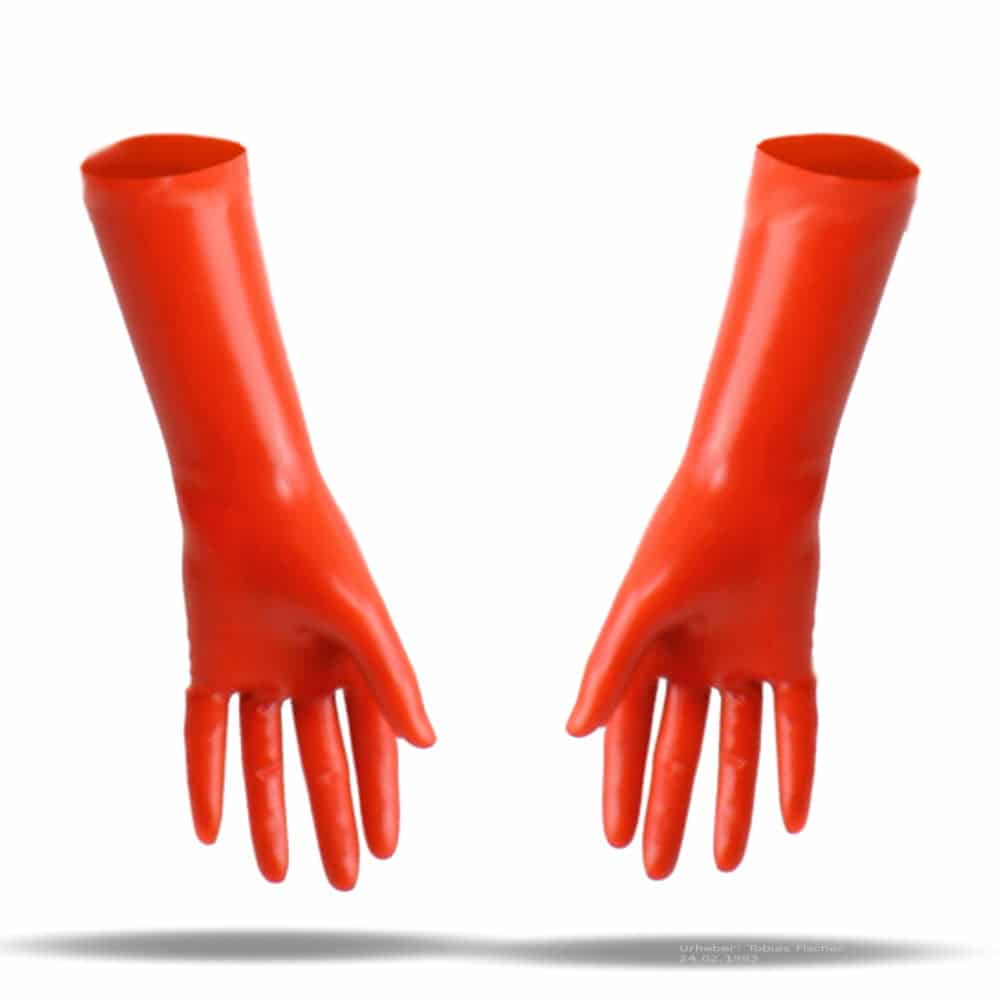 Nahaufnahme des verlängerten Schafts der kurzen Latex Handschuhe.