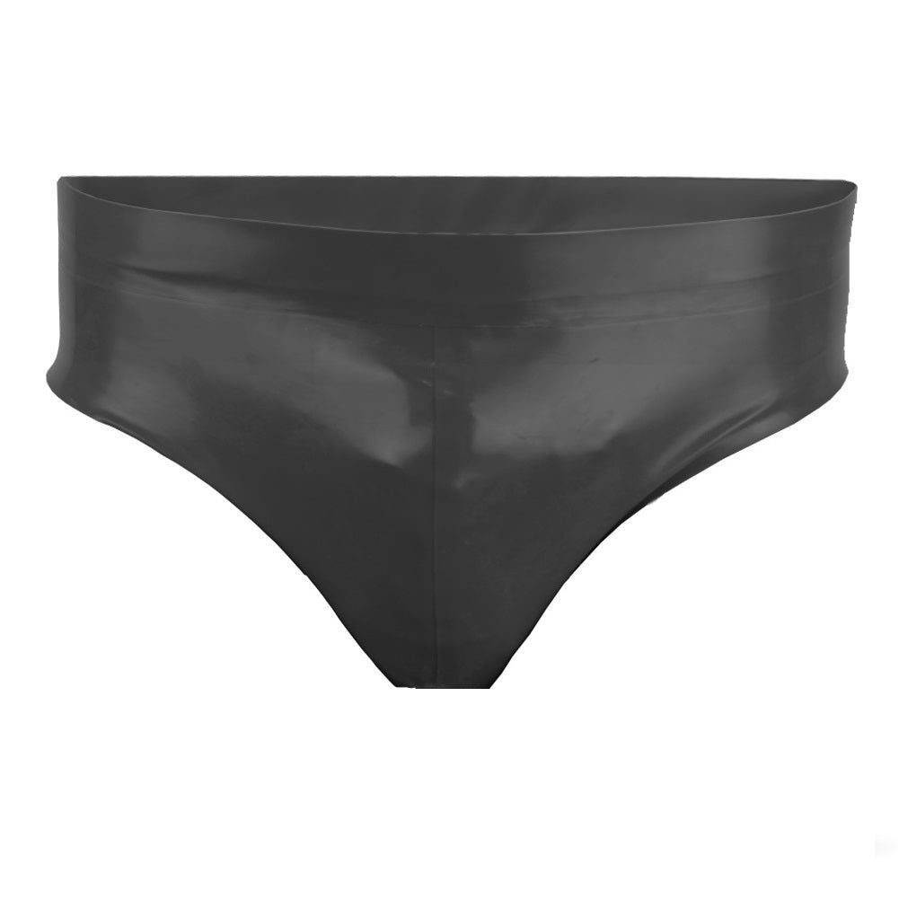 Detailaufnahme des Latex Männer Slips mit elastischer Passform und perfektem Sitz in schwarz.