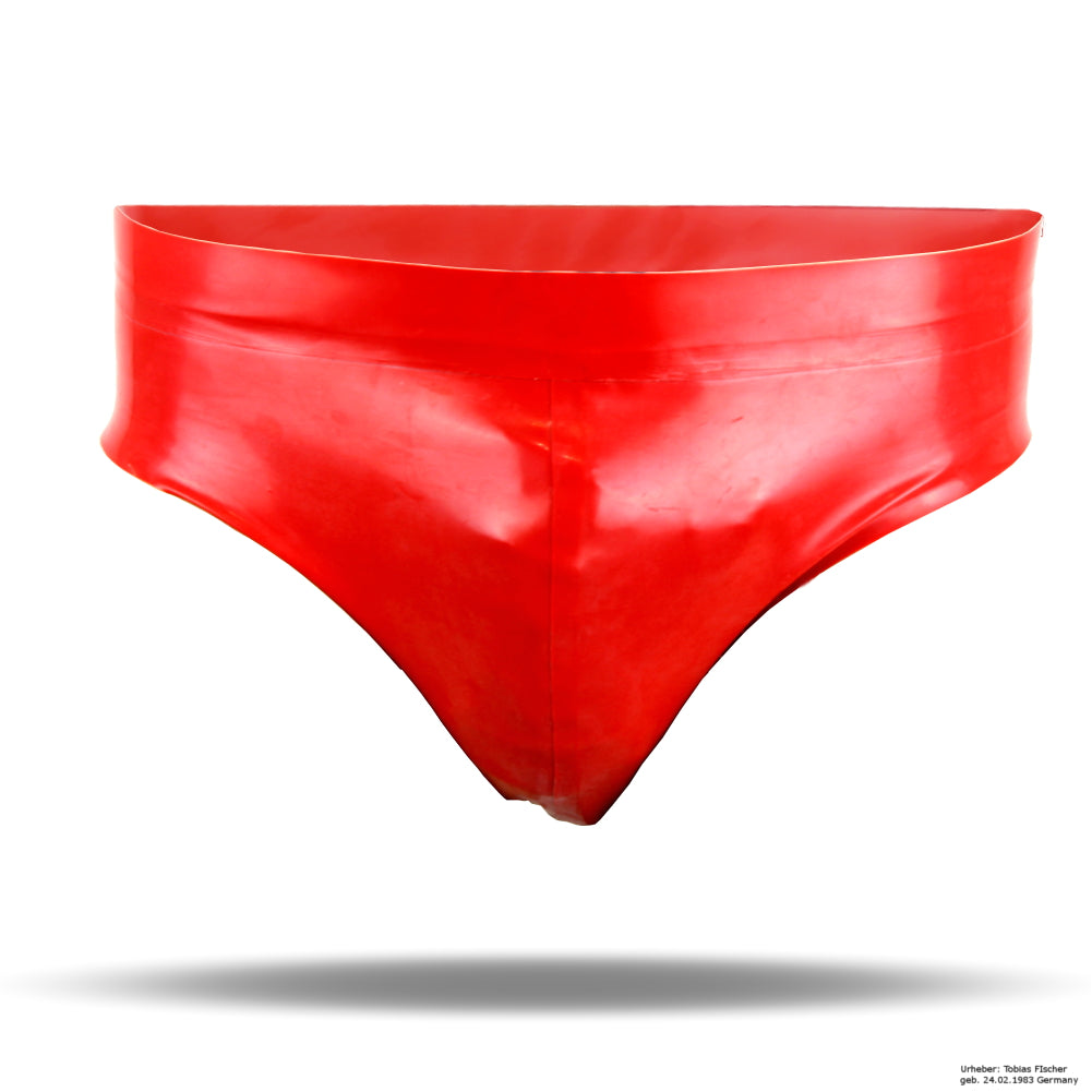 Latex Männer Slip in Rot mit Front-/Hodenbeutel, handgefertigt von LatexDreamwear.
